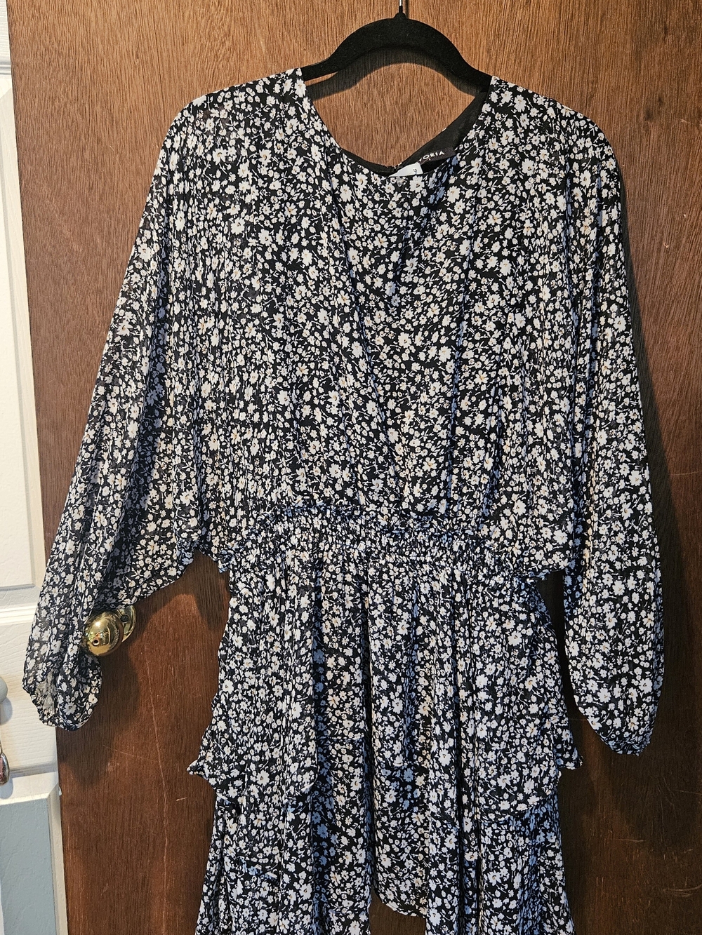 Floral Print Navy and White Long Sleeve Women’s Top by Unknown